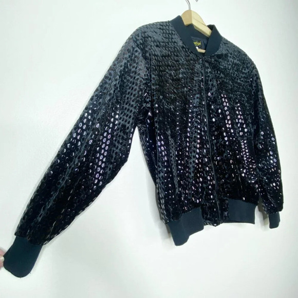 Vintage Monaliza Black Velvet Sequins Embellished Bomber Jacket XL Disco Rock - Picture 5 of 9